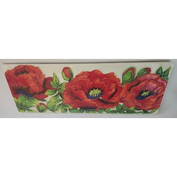Poppy Wall Art Tile Hand Painted Ceramic 15.75” X 6” Raised - Picture 5 of 8